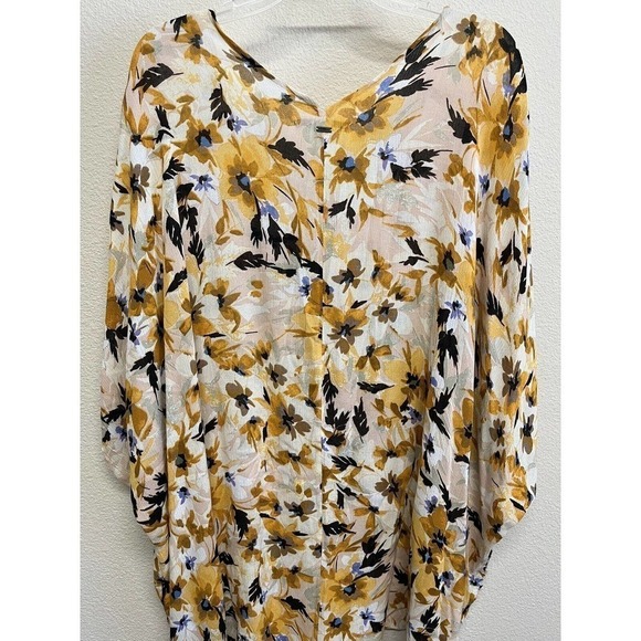 O'Neill Floral Coverup Tunic Size M/L Dolman Sleeves Mustard Yellow Cream - Picture 10 of 10